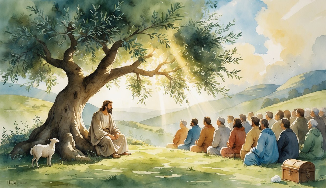 A figure resembling Jesus sits under a tree surrounded by a diverse group of people listening, with symbols like a mustard seed plant, a lost sheep, a treasure chest, and a pearl integrated into the natural surroundings.