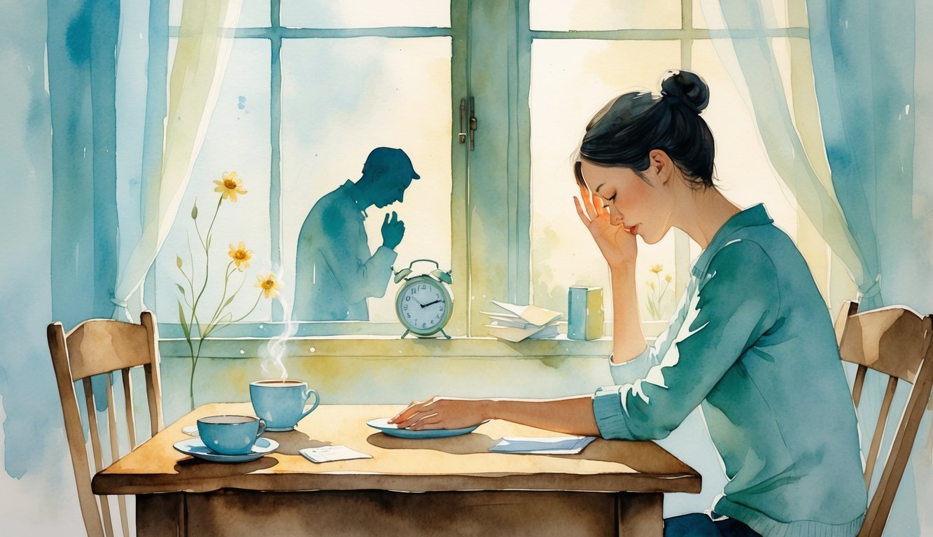 A person sitting at a kitchen table with a thoughtful expression, surrounded by household items like a cup of tea, a clock, and a window with sunlight, with subtle shadows and symbols hinting at quiet frustration and neglected small faults.