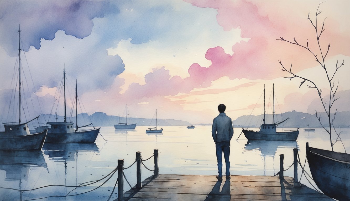 A solitary person stands on a dock overlooking a calm harbor at dawn, surrounded by soft shadows and delicate thorny vines, evoking a contemplative and somber mood.