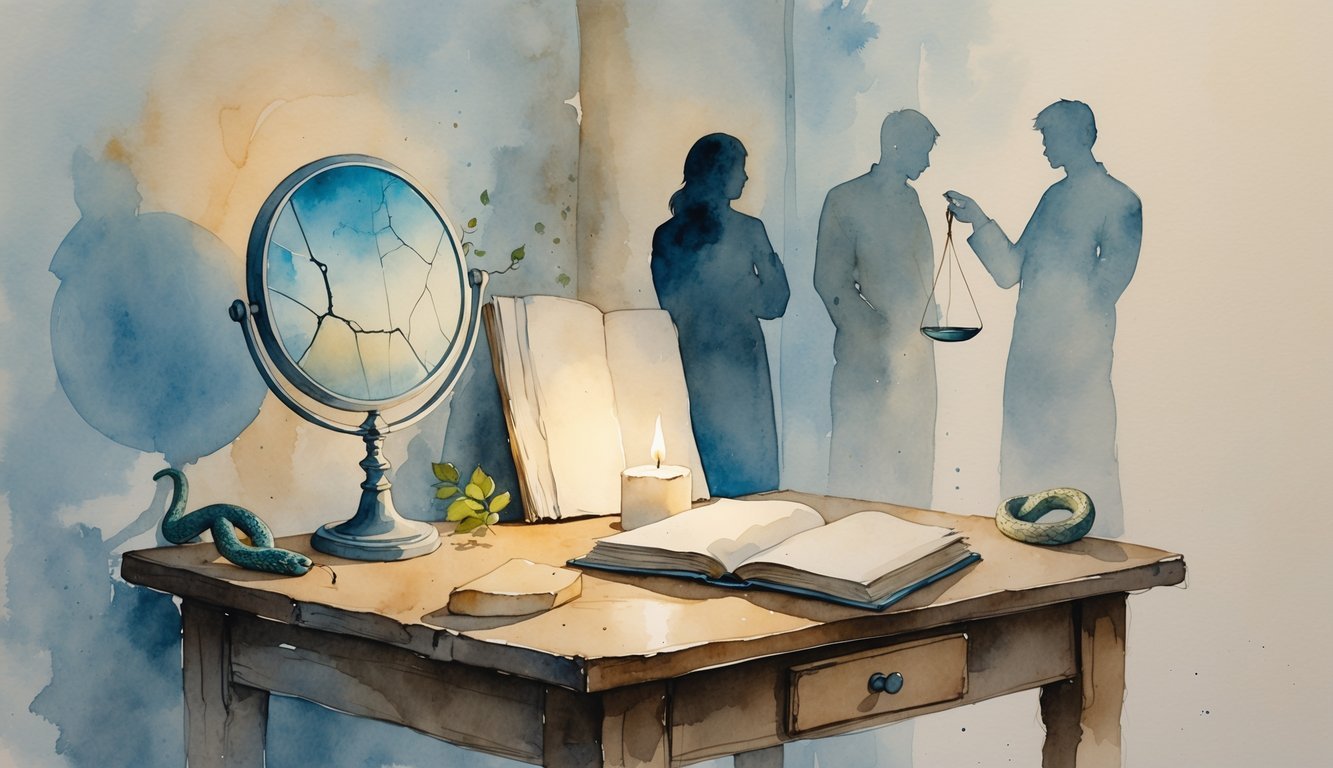 A quiet room with a wooden table holding a cracked mirror, a candle, an open book, and hands holding a mask, with faint shadows and subtle shapes suggesting hidden struggles.