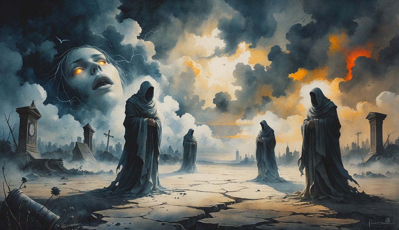 Shadowy figures stand on cracked earth under a stormy sky with faint ghostly faces in the mist and a distant city beneath dark clouds.