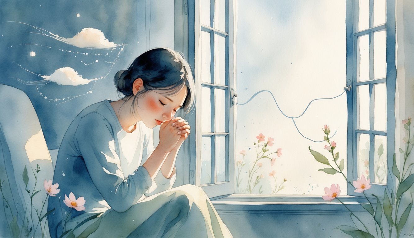A person sitting quietly by a window with a thoughtful expression, surrounded by faint symbolic shapes representing worries and subtle struggles.