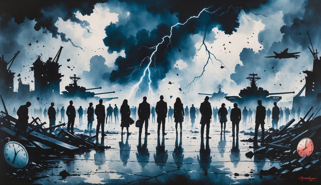 A scene showing people standing among ruins under stormy skies with military vehicles in the background, symbolizing global conflict and unrest.