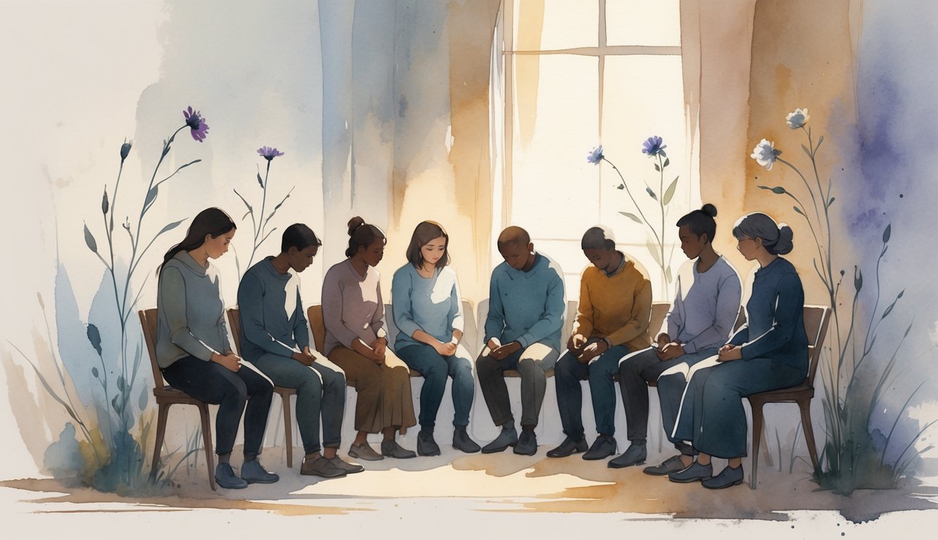 A group of people together with one person sitting alone, looking sad and isolated in a softly lit room.