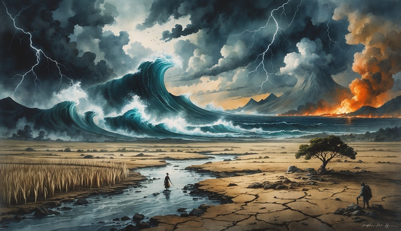 A scene showing a stormy sky with lightning, cracked dry earth with dead crops, a large tsunami wave, and a volcanic eruption, with a lone person shielding themselves from the chaos.