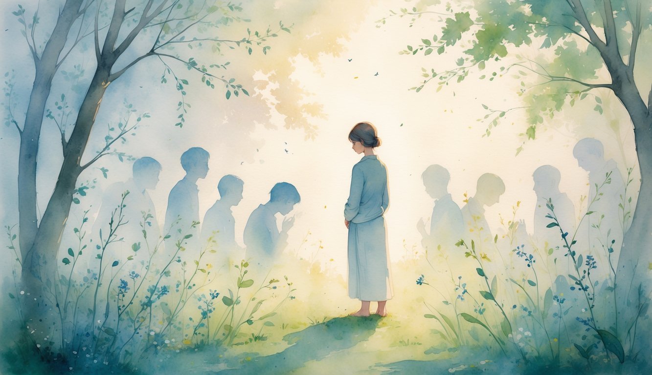 A person standing quietly in a blooming garden at dawn, surrounded by soft shadows blending into the background, evoking a calm and reflective mood.