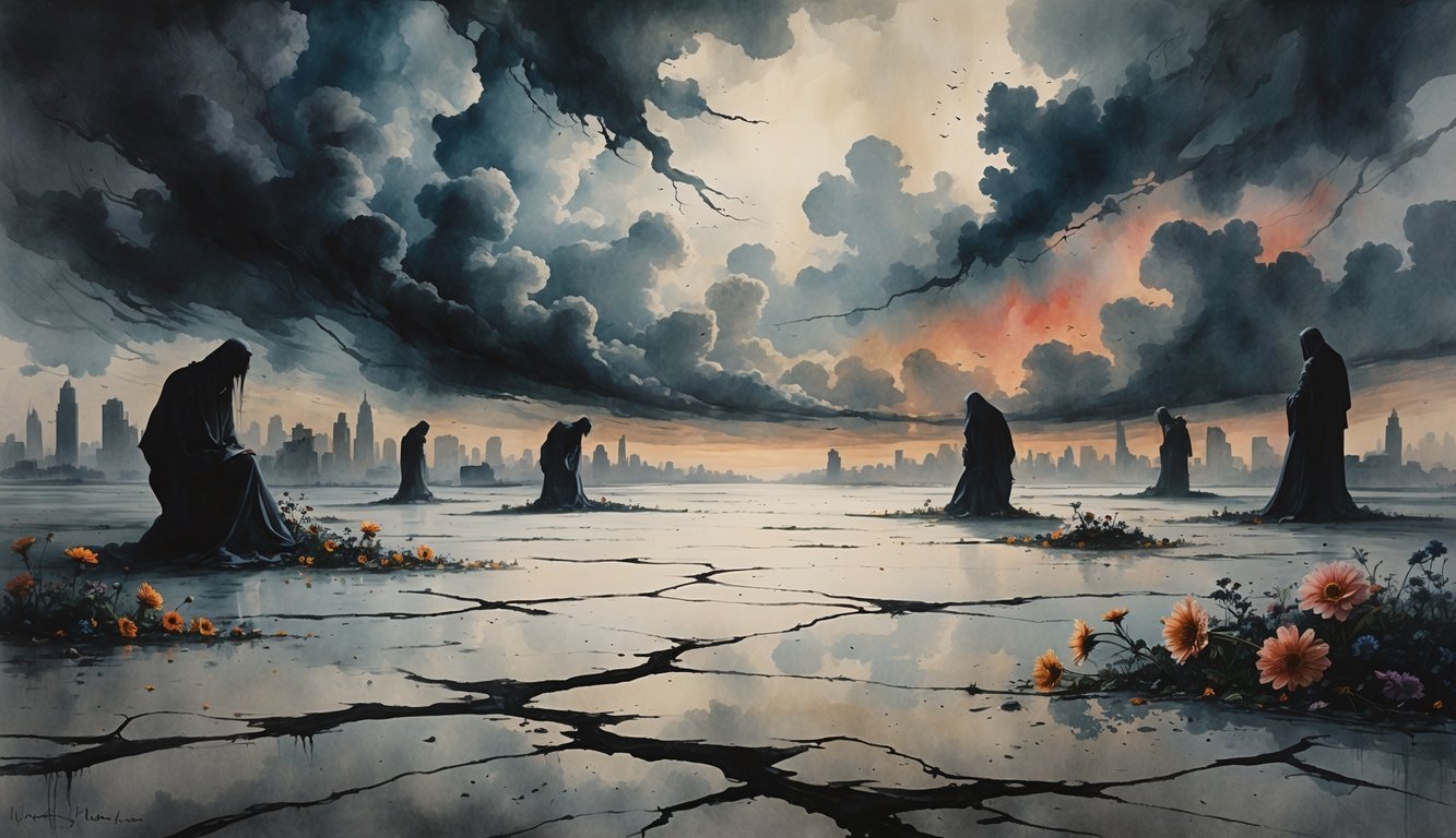 A cracked barren landscape under a dark stormy sky with wilted flowers, broken chains, shadowy figures, and a distant crumbling city.
