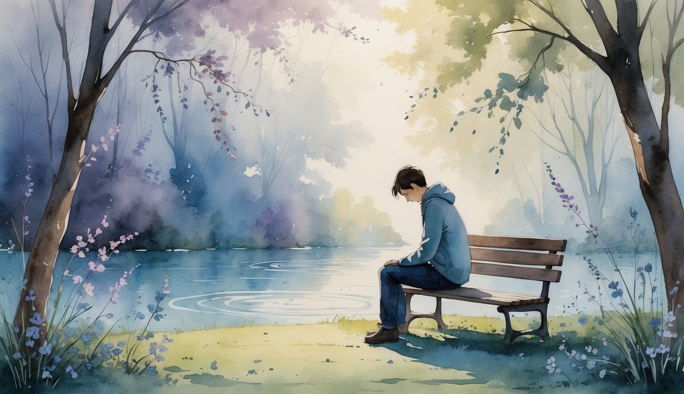 A person sitting alone on a bench in a garden with wilting flowers around them and a calm pond in the background, conveying a quiet moment of inner struggle.