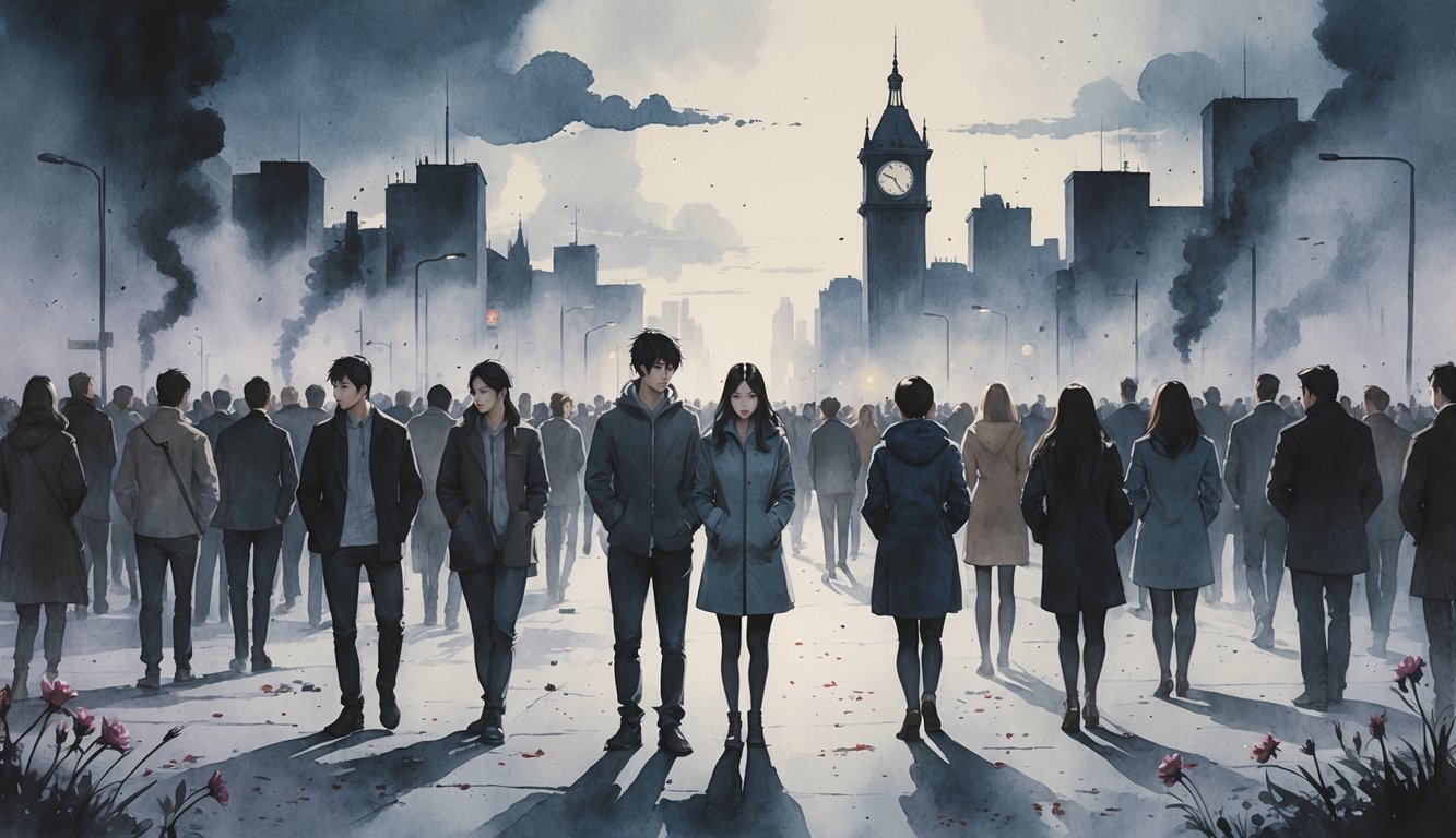 A crowded urban scene with a distant young couple showing cold expressions, surrounded by many people moving apart under darkening skies and wilting flowers.