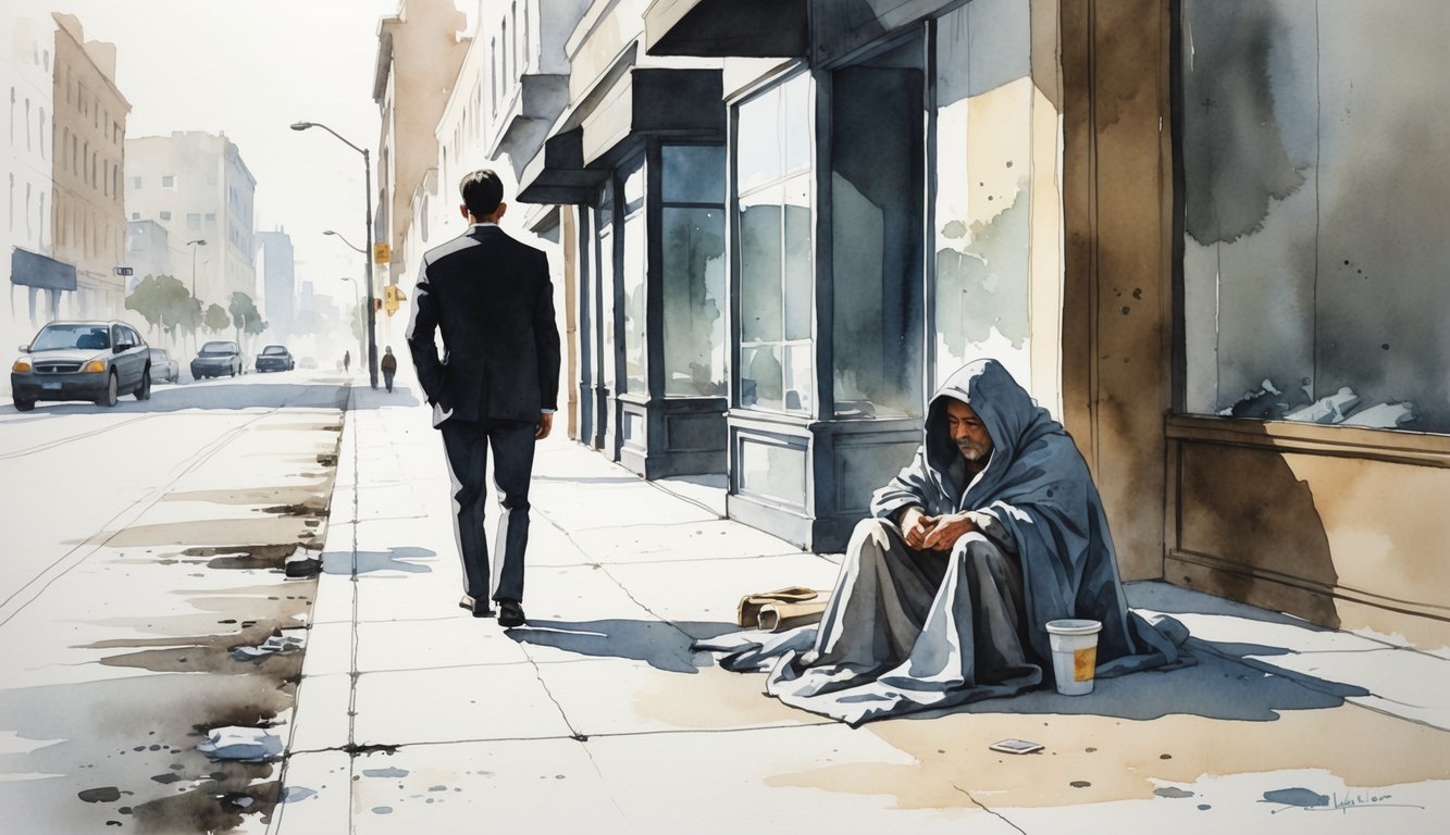 A person walking past a homeless individual sitting on the sidewalk in a city street, highlighting a contrast between wealth and poverty.