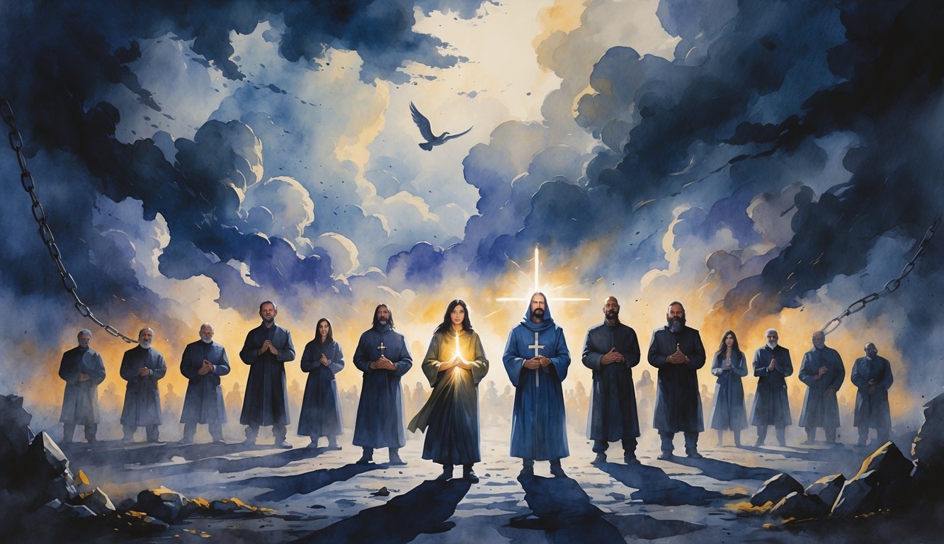 A group of people standing together under a dark, stormy sky with rays of light breaking through, surrounded by symbols of struggle and hope.