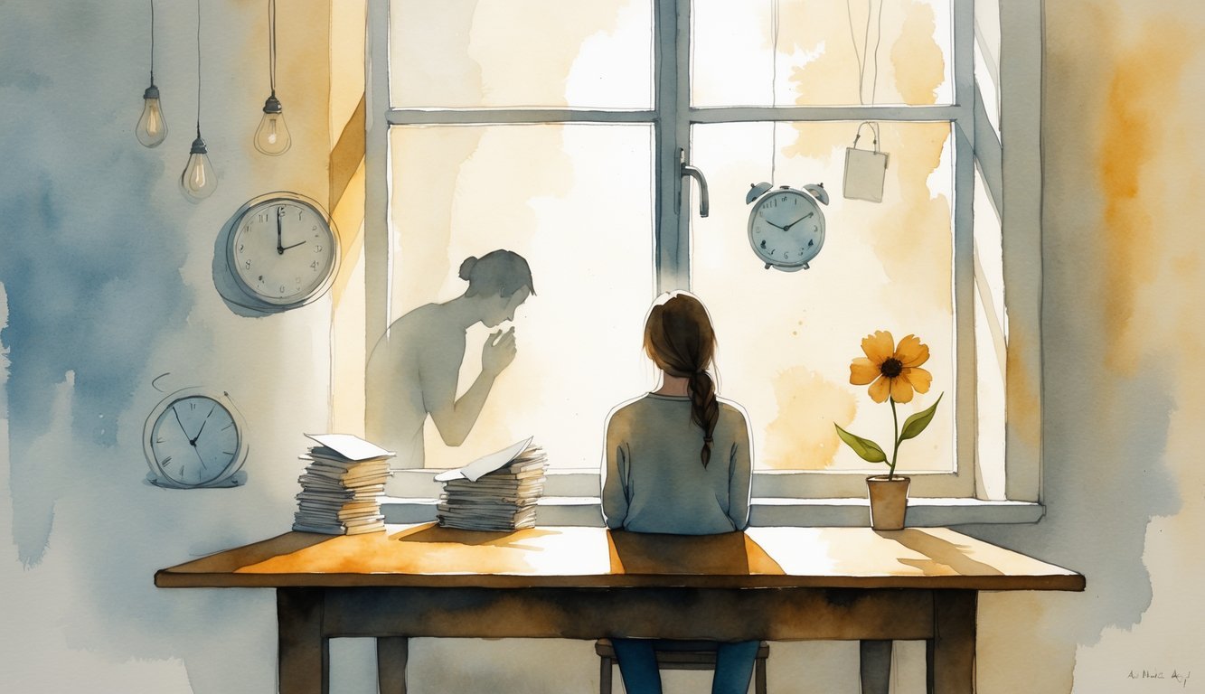 A person sitting quietly at a table near a window in a calm home, surrounded by subtle images of everyday challenges like a clock, a shadowy figure, unopened letters, a glowing phone, and a wilted flower.