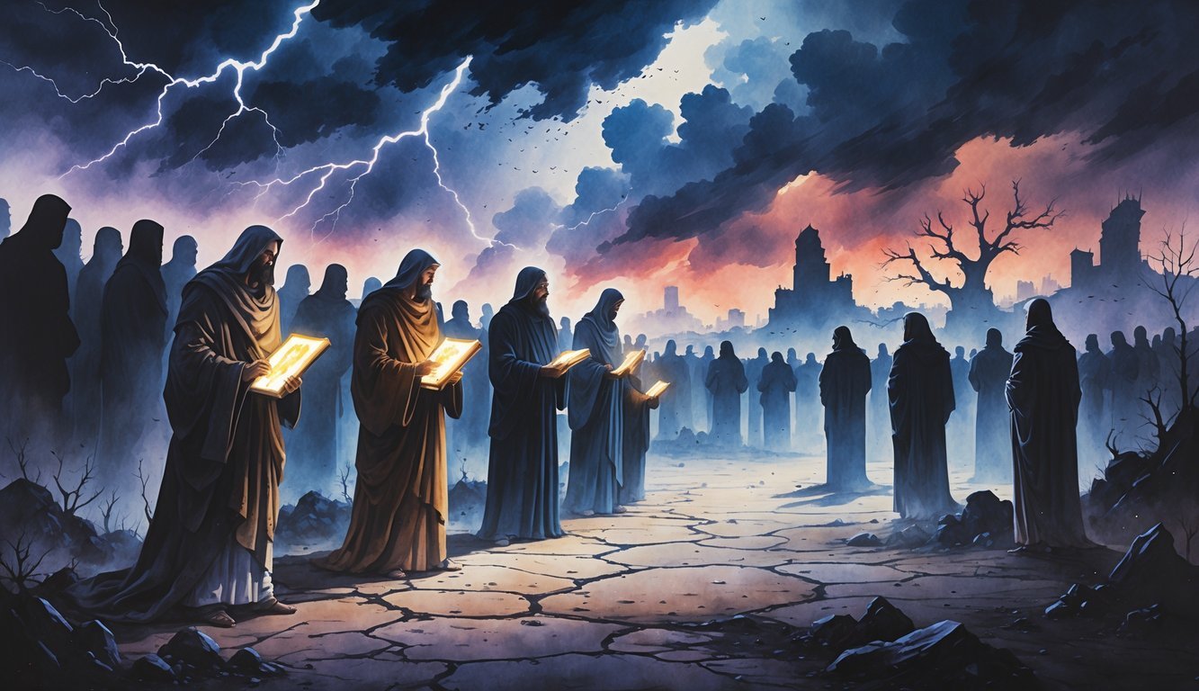 A stormy landscape with dark clouds and lightning, shadowy figures in robes holding glowing scrolls, crowds in the background, and a distant crumbling city under a threatening sky.