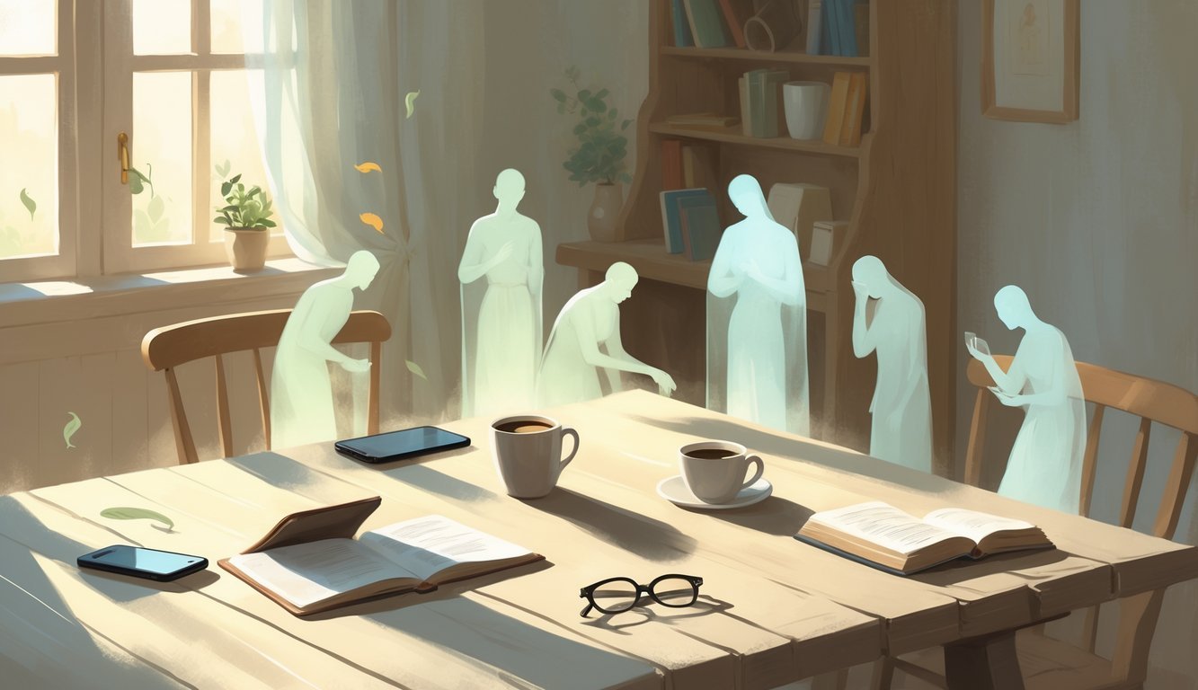 A peaceful room with a wooden table holding everyday items like a phone, mirror, coffee cup, wallet, book, and glasses, with faint shadowy figures symbolizing subtle temptations around them.