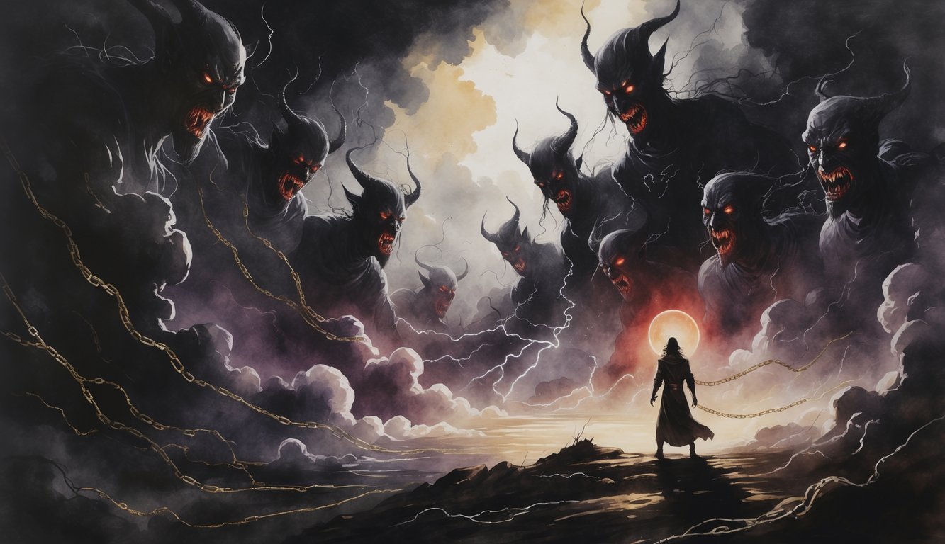 A lone figure stands surrounded by dark, swirling shadows and ghostly demonic faces under a stormy sky with lightning, symbolizing a fierce spiritual battle.