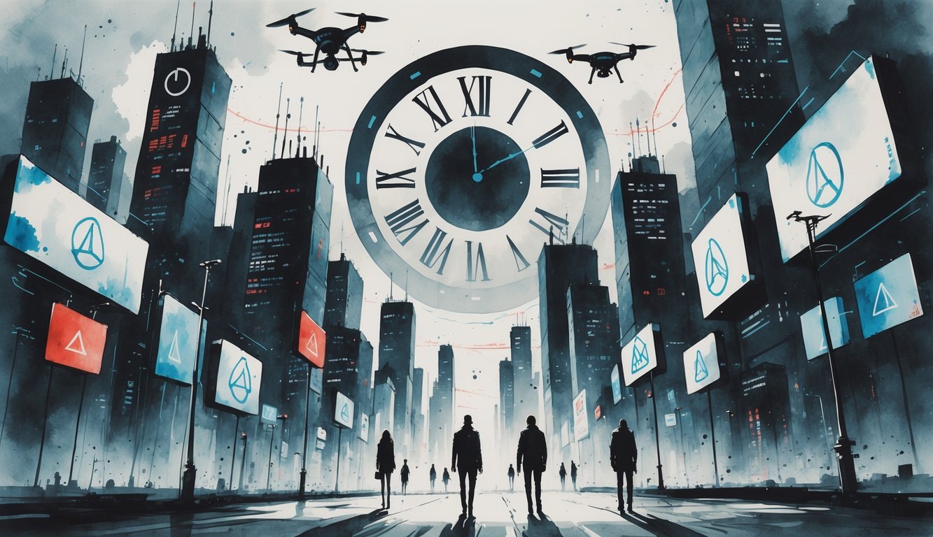 A city with many surveillance cameras and drones overhead, shadowy people walking below glowing digital signs, and a large clock face looming in the background, creating a tense and ominous atmosphere.