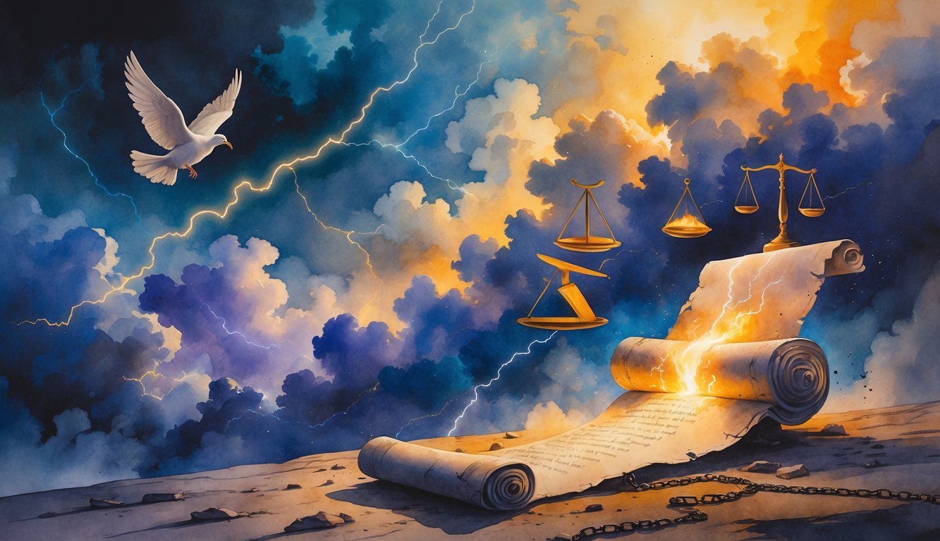 A stormy sky with lightning above an ancient scroll glowing with light, surrounded by nine symbolic elements including a trumpet, hourglass, sword, dove, burning city, rising sun, scales, lion, and broken chain.