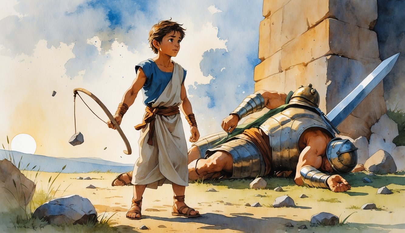 A young boy stands victorious over a fallen giant on a battlefield, holding a sling and stone.