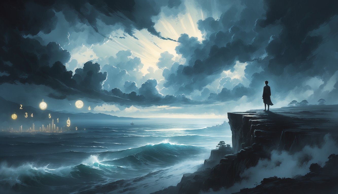 A lone person stands on a cliff overlooking a stormy ocean with dark clouds and rays of light breaking through, surrounded by faint glowing symbols and a distant city under a stormy sky.