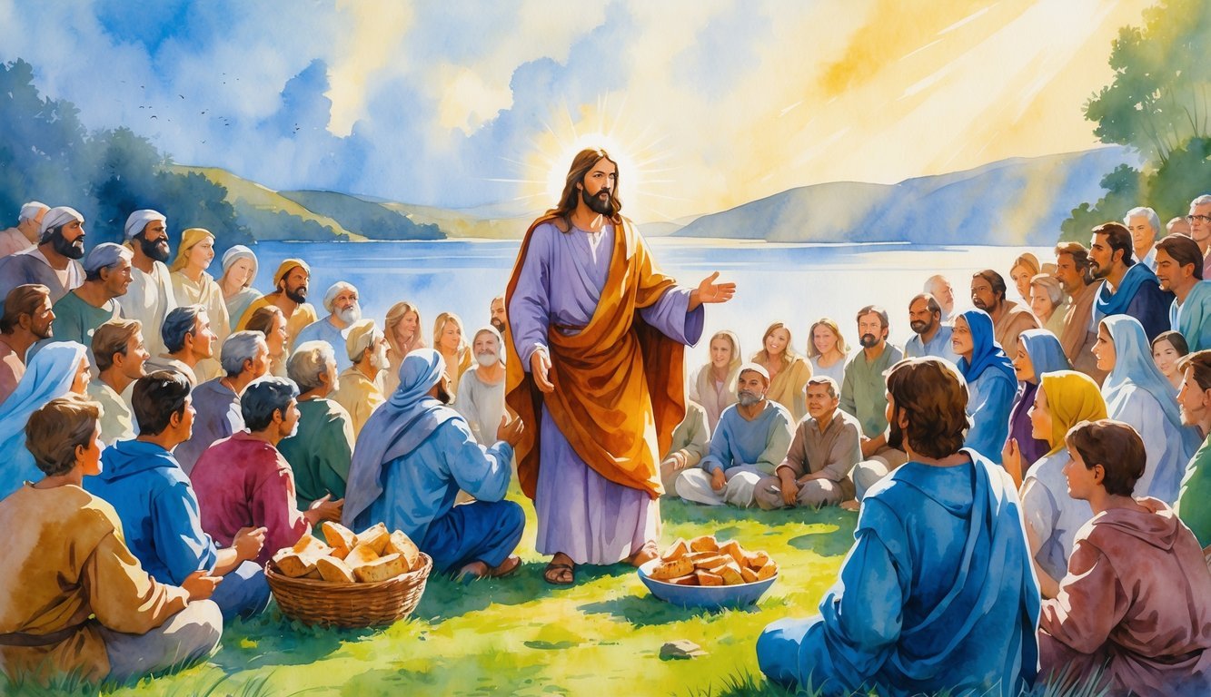 Jesus blessing a large crowd of people by the lakeside as a boy offers bread and fish, with many people gathered around listening and watching.