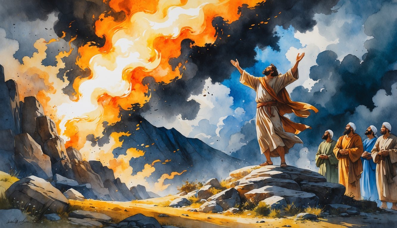 A prophet stands on a rocky mountain calling down fire from the sky while people watch in awe.