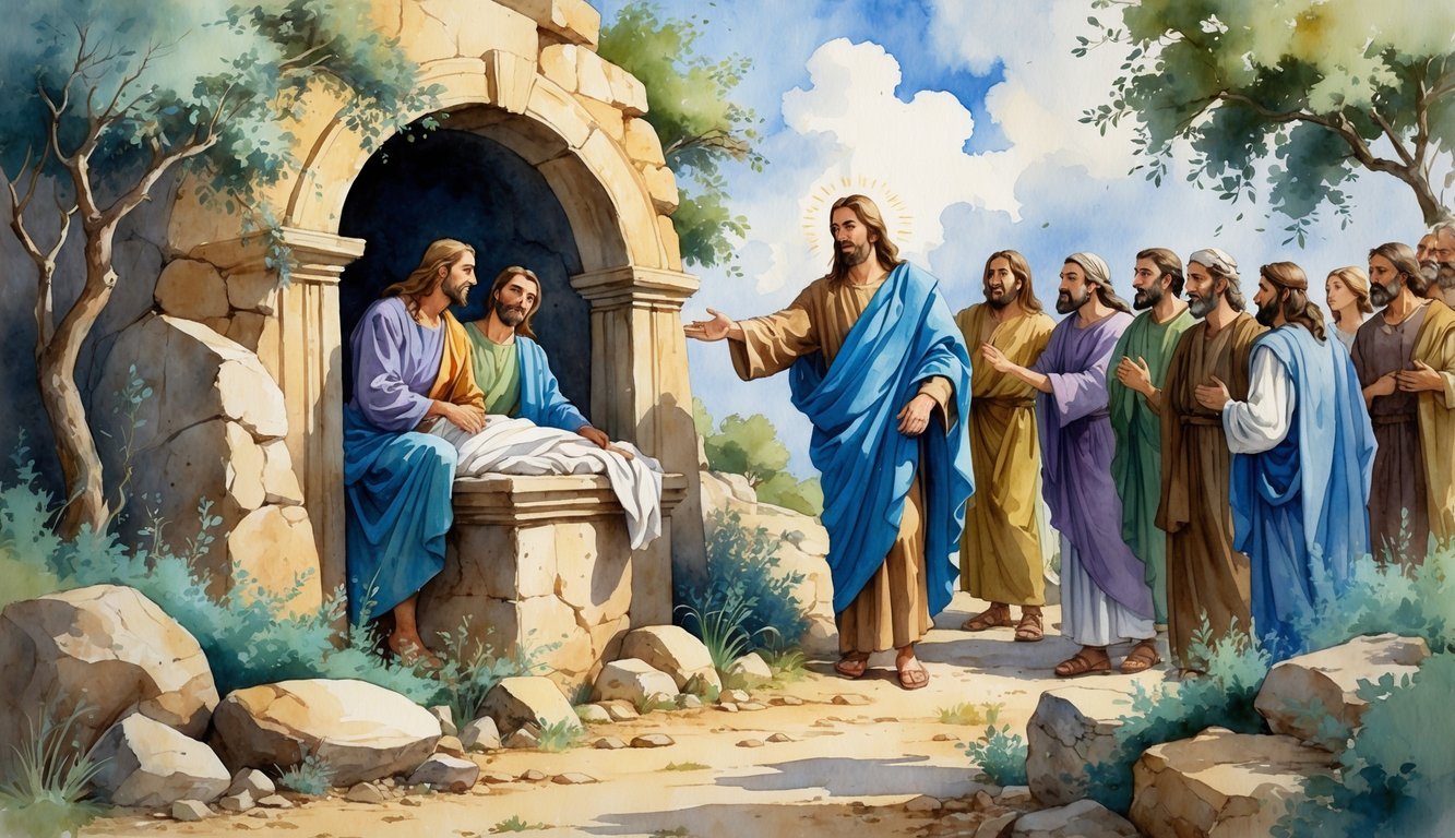 A scene showing Jesus raising Lazarus from the tomb while people watch in amazement.