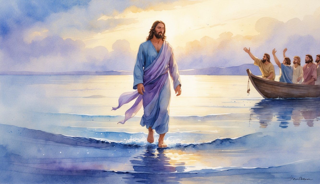 Jesus walking on water with a boat of disciples nearby on a calm lake under a glowing sky.