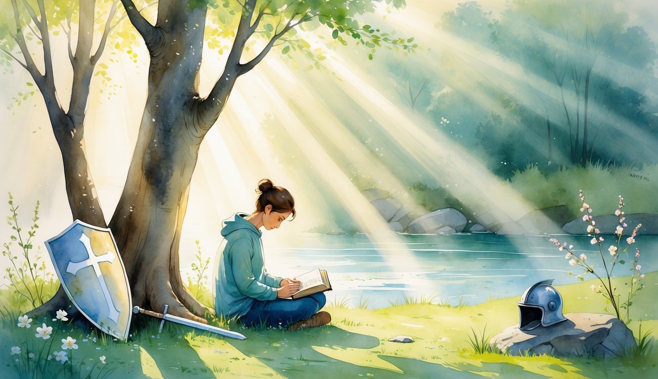 A person sitting outdoors with an open Bible, surrounded by symbols of armor like a shield, sword, and helmet near a calm river and trees.