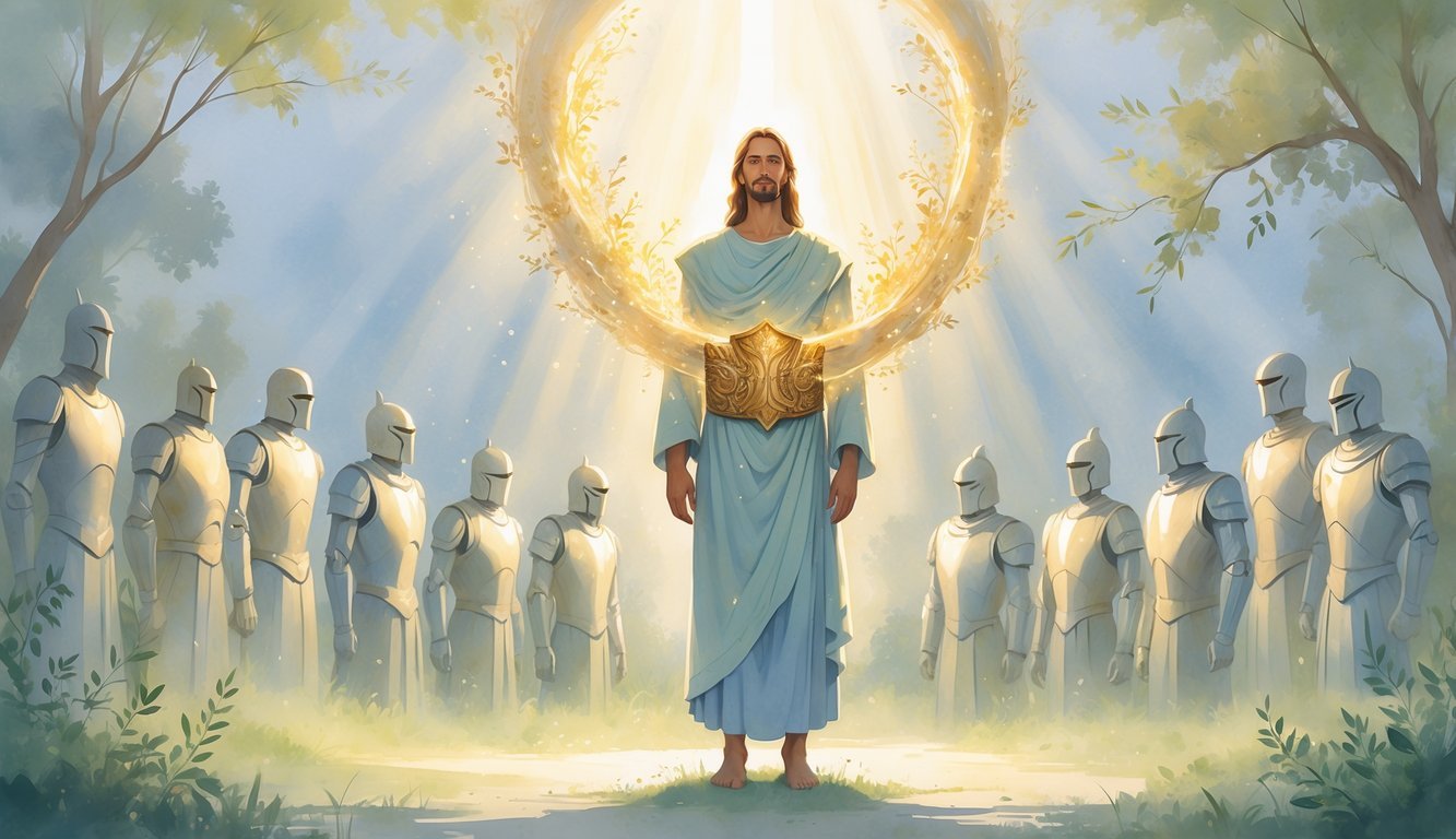 A peaceful figure wearing a glowing golden belt stands surrounded by ten faintly visible pieces of armor in a calm natural setting with sunlight filtering through leaves.