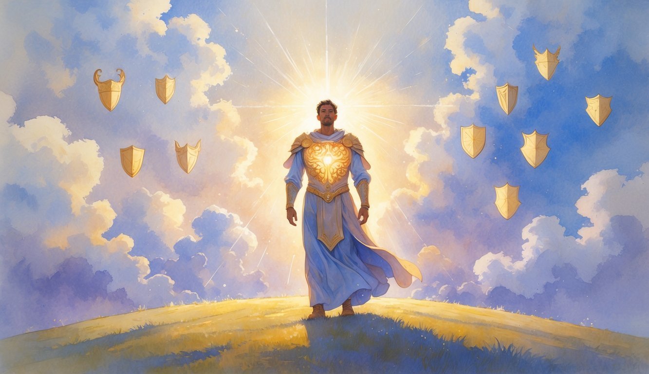 A glowing figure wearing a breastplate stands on a hill under a soft sunrise sky, surrounded by ten faint glowing pieces of spiritual armor with rays of light shining through clouds.