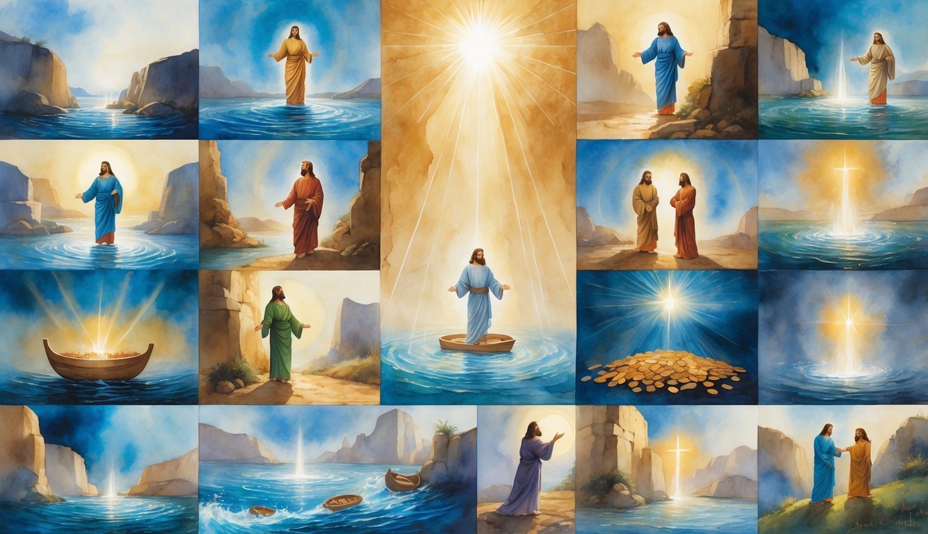 A peaceful scene showing twelve different biblical miracles including walking on water, parting sea, burning bush, multiplying loaves and fishes, resurrection, calming a storm, healing, fiery chariot, and raising from the dead, with people witnessing and light shining around.