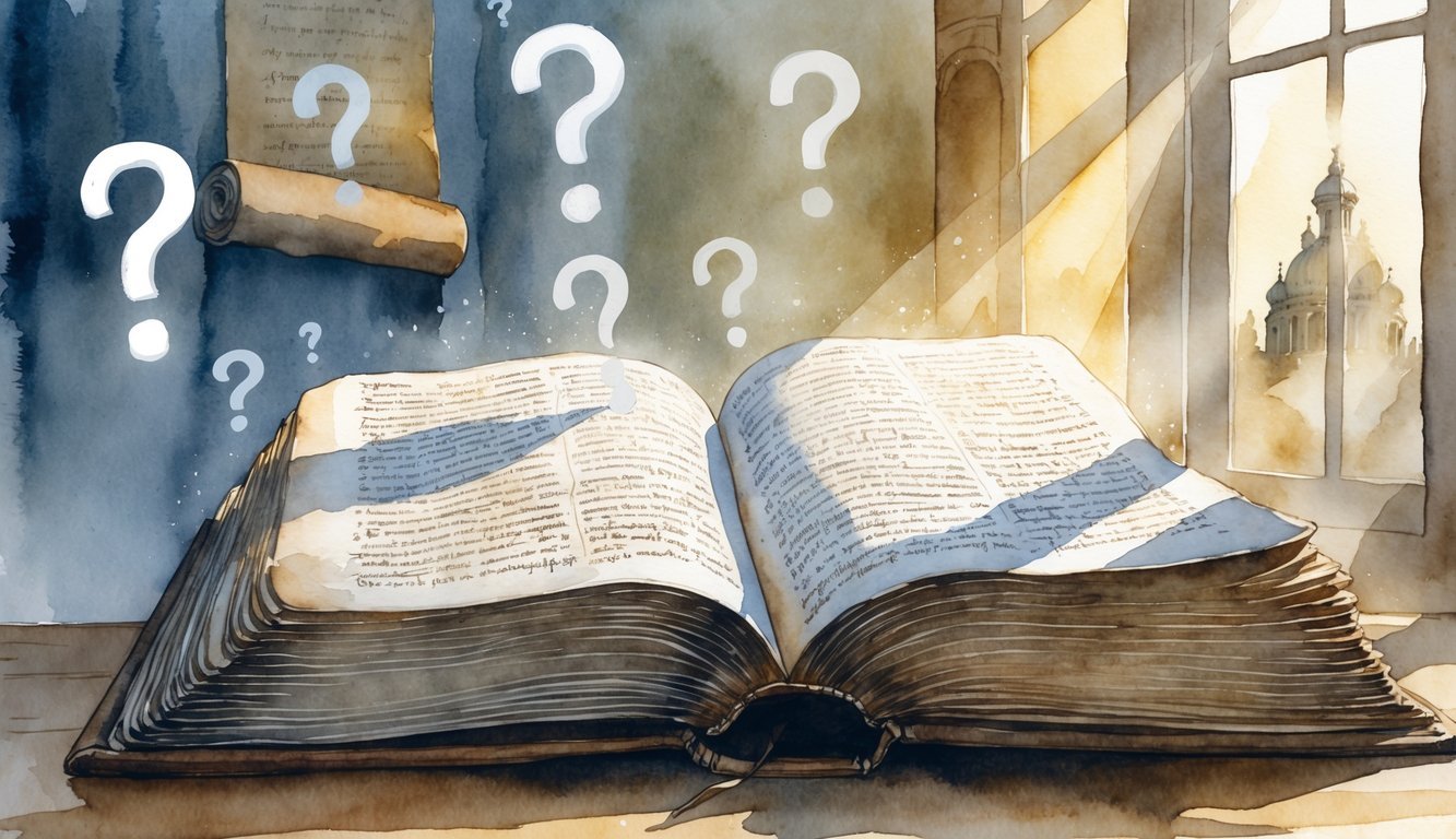 An open ancient book on a wooden table with soft light shining on it, surrounded by faint question marks and blurred images of historical landmarks in the background.