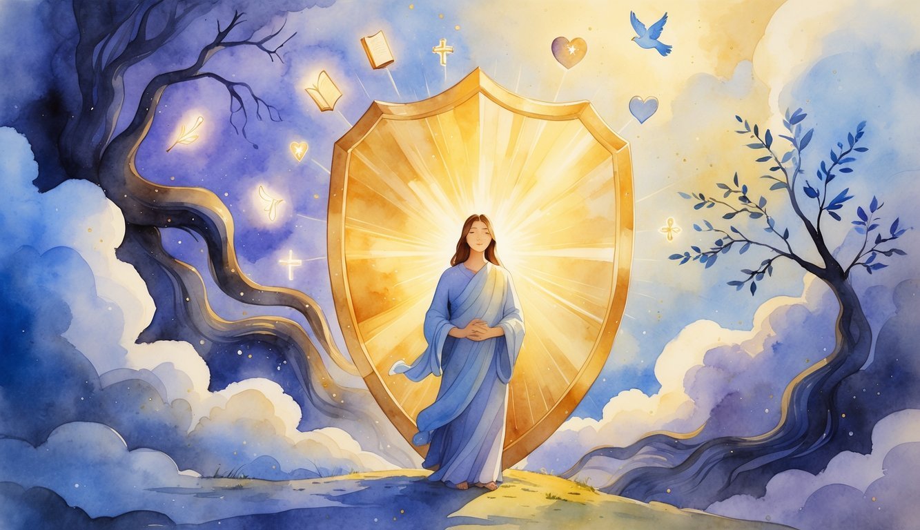A peaceful figure stands protected behind a glowing shield deflecting dark tendrils, surrounded by symbols of faith and strength like a cross, dove, heart, and candle, set against a calm sky.
