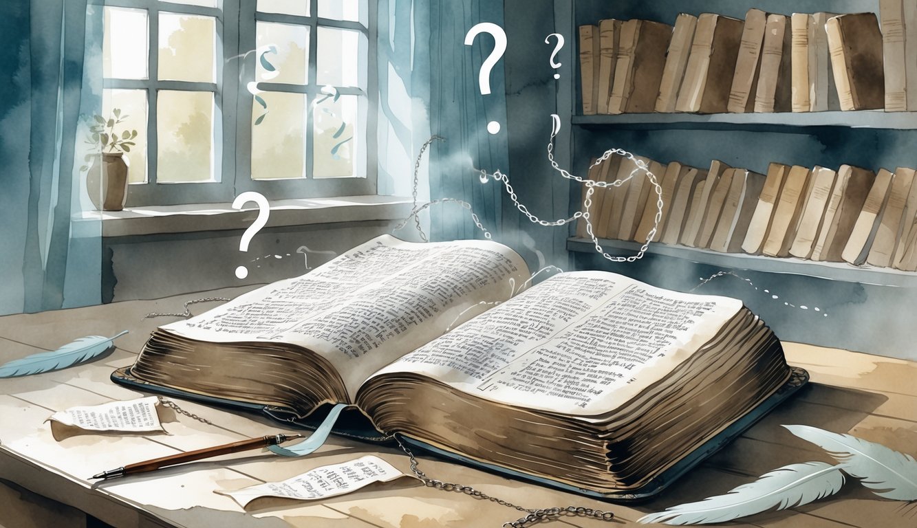 An open ancient Bible on a wooden table surrounded by loose pages and quill pens in a quiet study room with bookshelves and soft natural light.