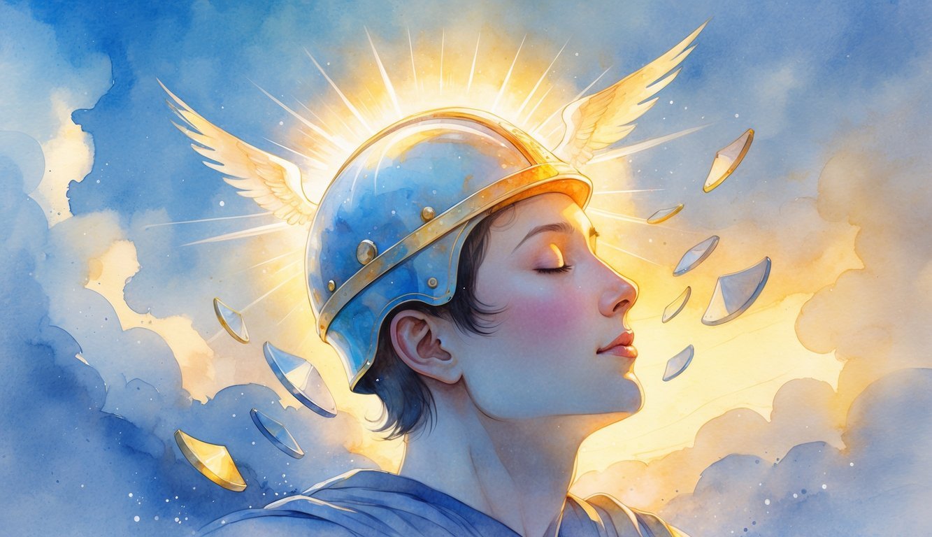 A glowing helmet floating above a peaceful human head surrounded by soft light and ethereal shields, symbolizing protection and spiritual strength.