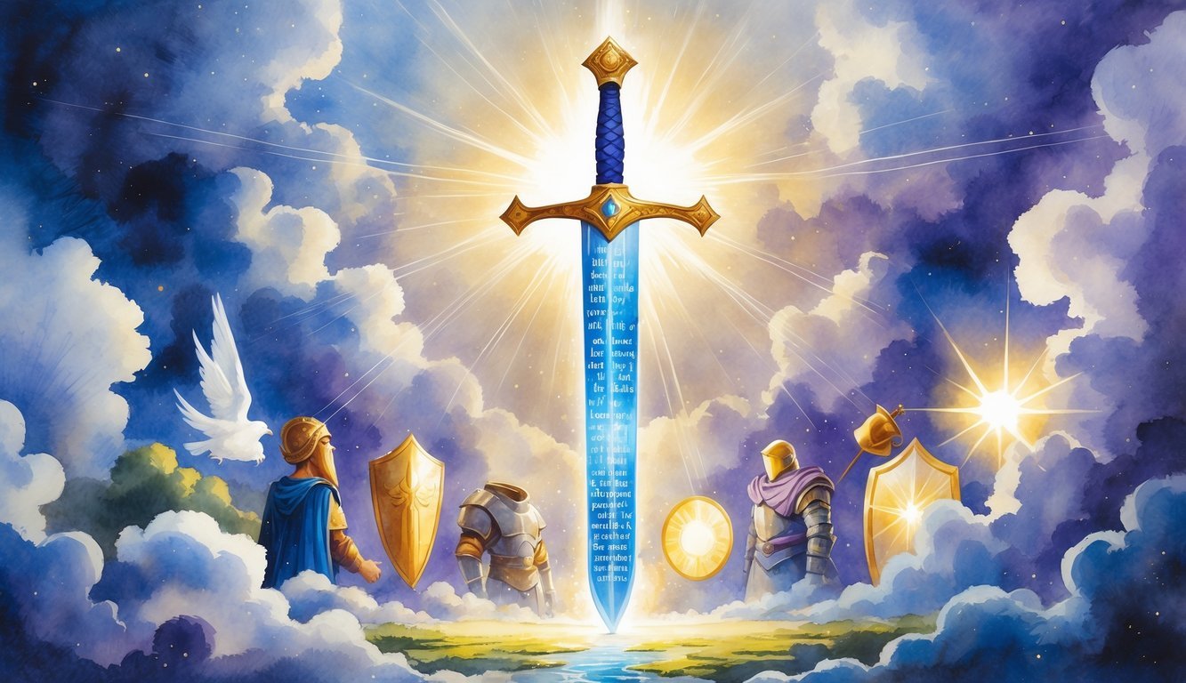 A glowing sword surrounded by symbolic pieces of armor set against a soft sky with rays of light shining through clouds.