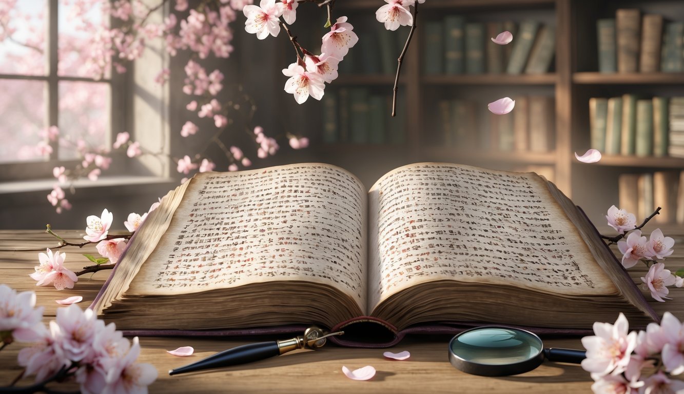 An open ancient book on a wooden table surrounded by cherry blossoms, a magnifying glass, and reading glasses in a quiet library setting.