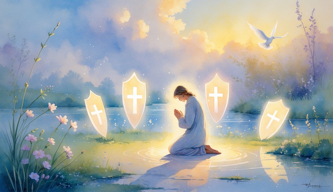 A person kneeling in prayer surrounded by glowing light and translucent shields, set in a peaceful natural landscape with a river, flowers, and a radiant sky.