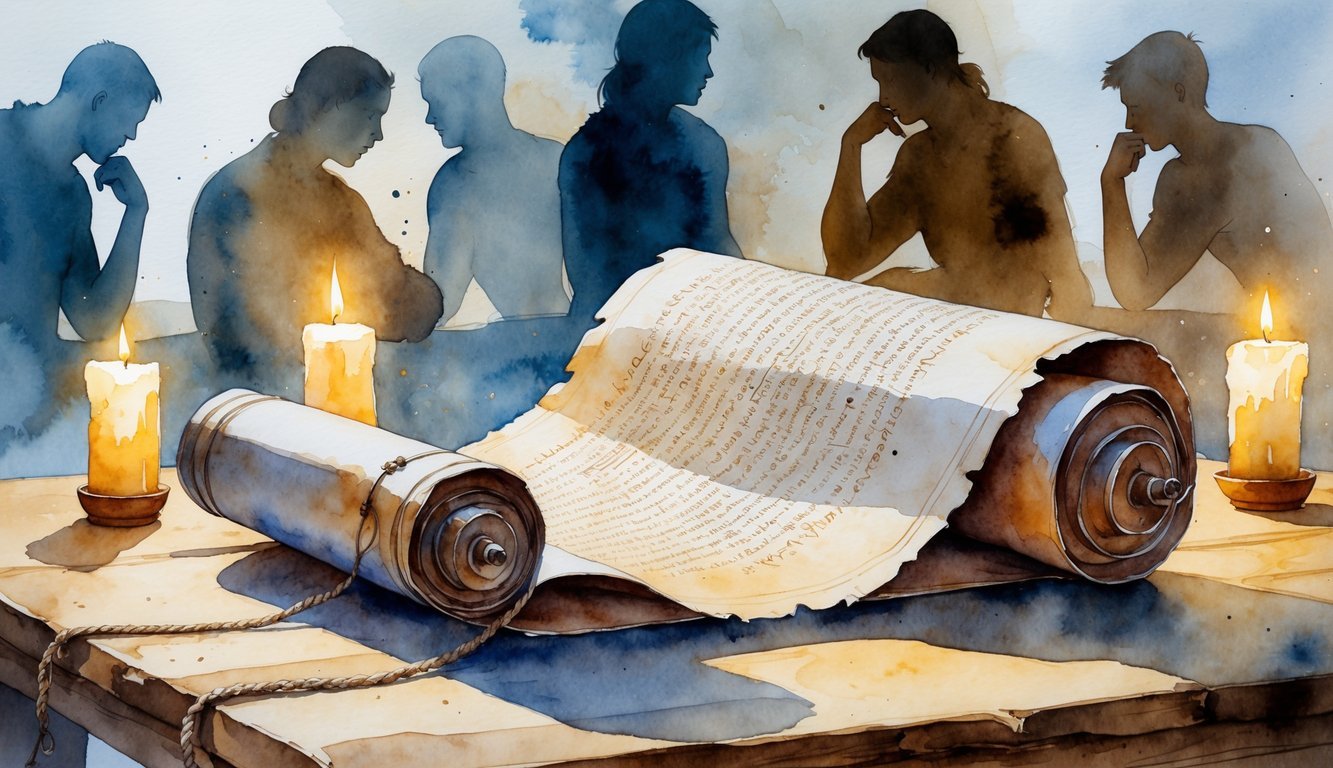 An open ancient scroll on a wooden table with candlelight and blurred figures in the background representing different perspectives.