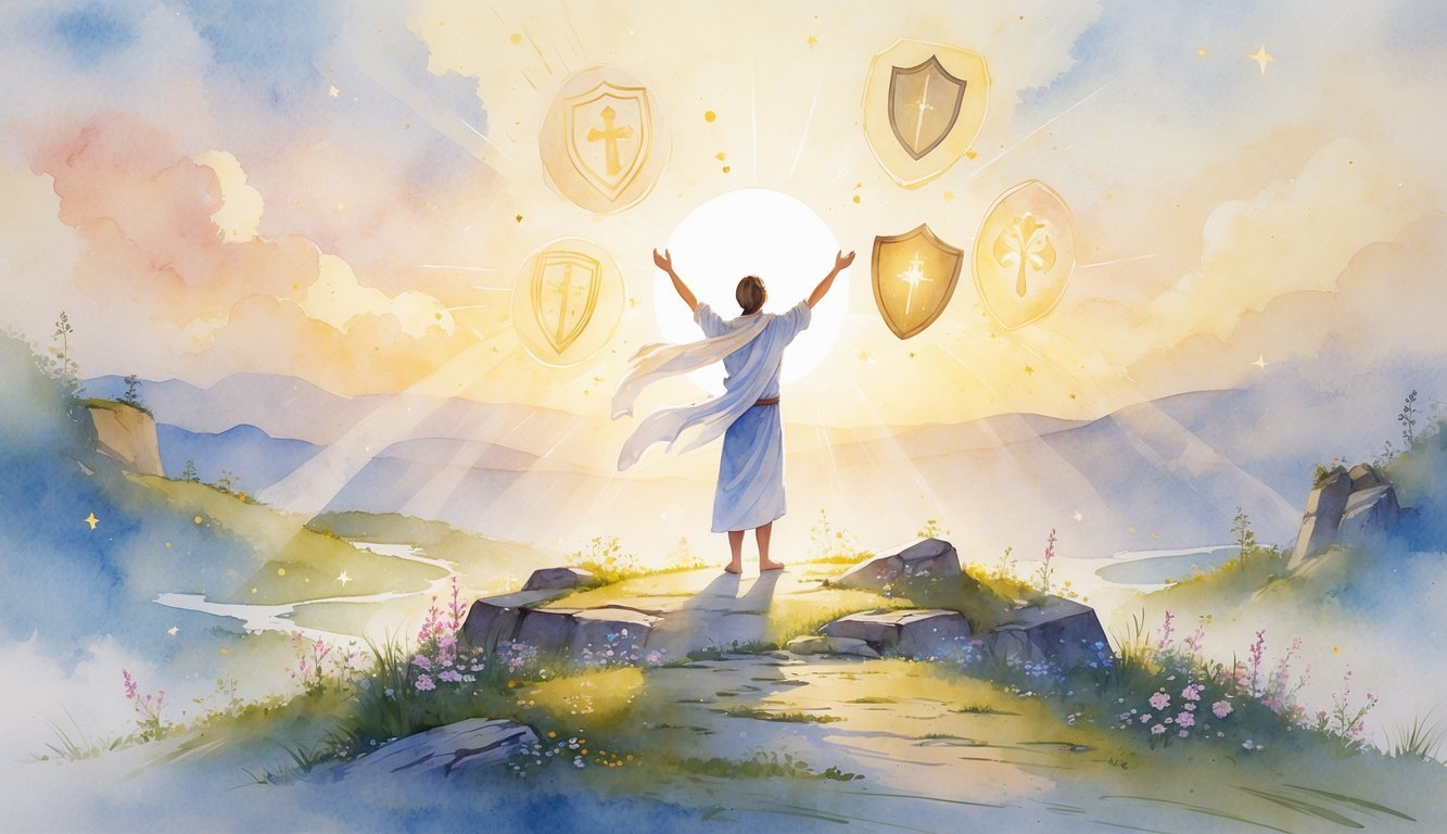 A person standing on a hilltop at sunrise with arms raised, surrounded by soft glowing symbols of armor and bathed in warm light over a peaceful natural landscape.