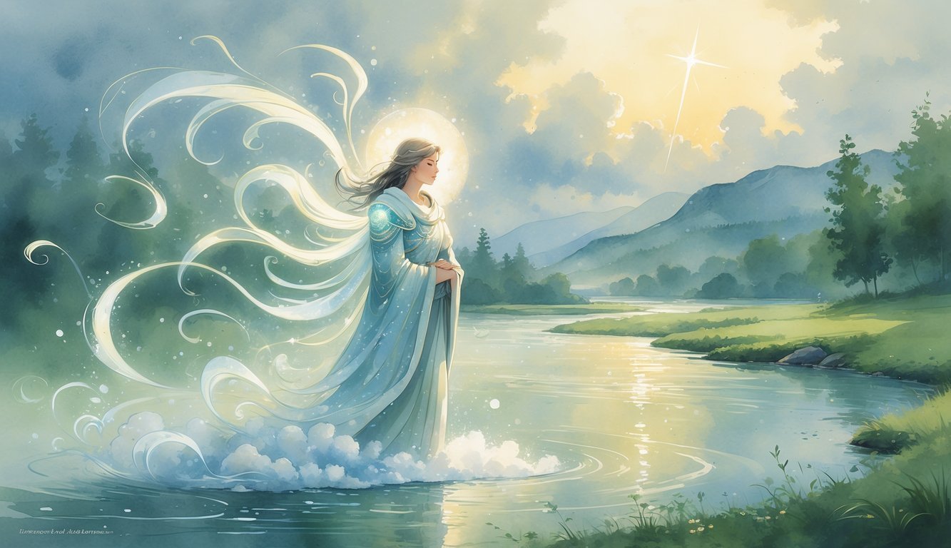 A person standing calmly surrounded by swirling shapes and soft light in a peaceful natural landscape with a river and mountains.