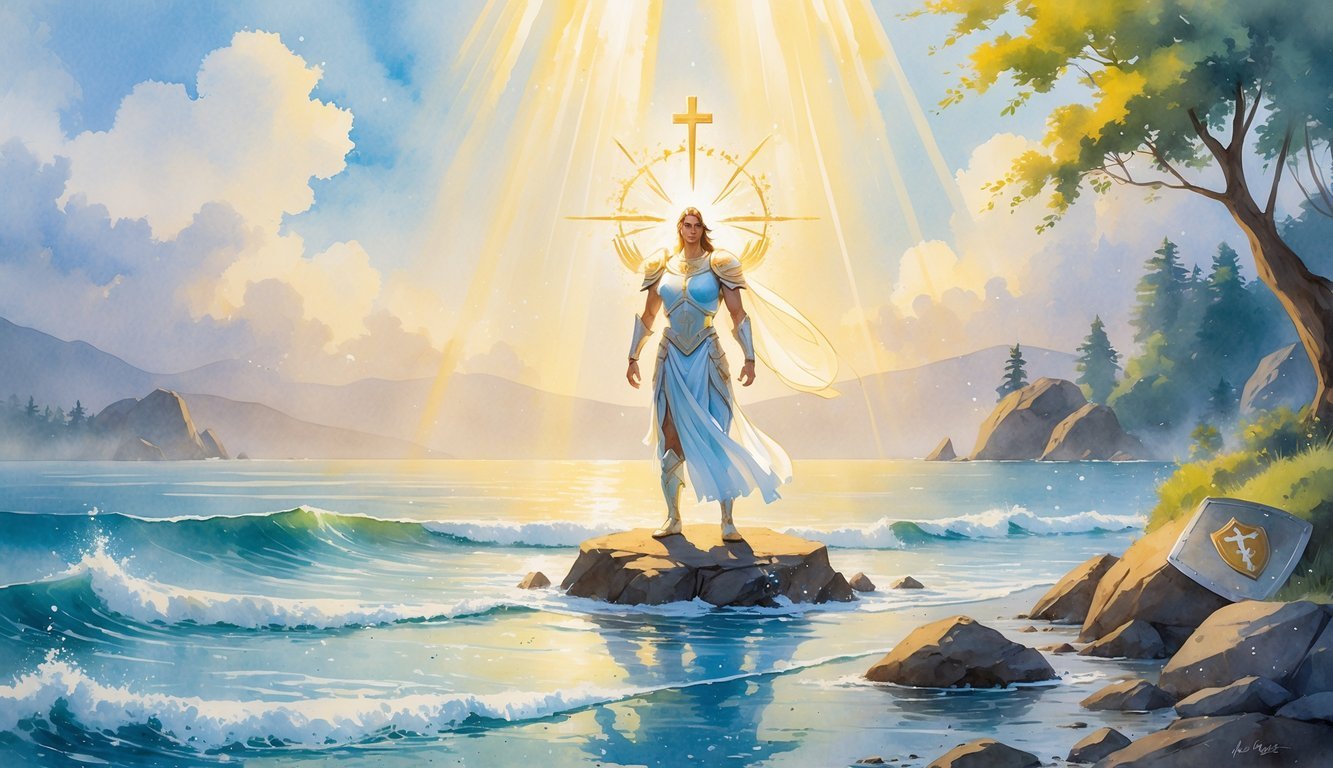 A person stands firmly on a rocky shore near calm water, surrounded by light and symbolic armor elements, with soft sunlight breaking through clouds above.