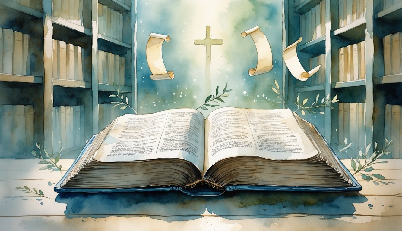 An open ancient book on a wooden table surrounded by symbols like a cross and olive branch, set in a quiet library.