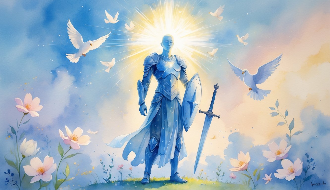 A glowing figure wearing ethereal armor stands surrounded by light, doves, and flowers under a calm sky, symbolizing spiritual protection.