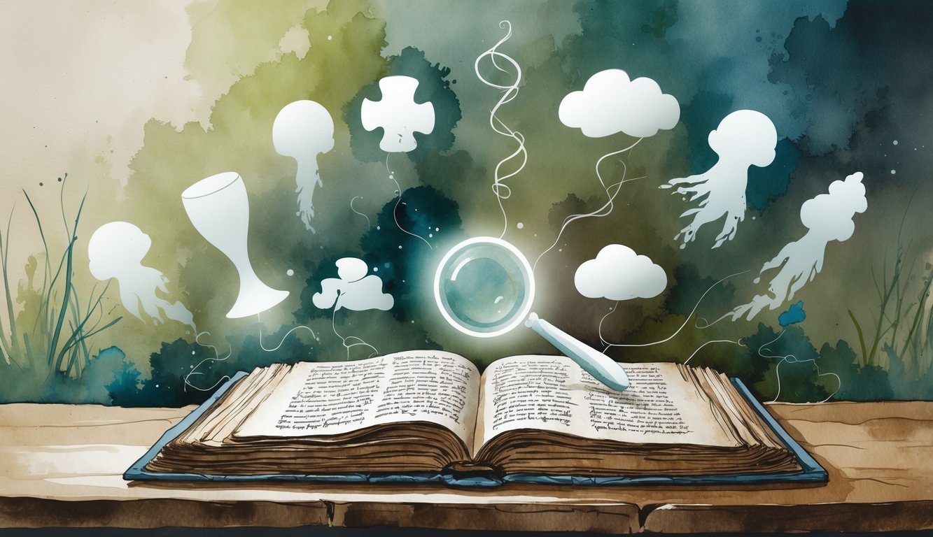 An open ancient scripture on a wooden table surrounded by eight floating symbols representing misunderstandings, set against a calm natural background.