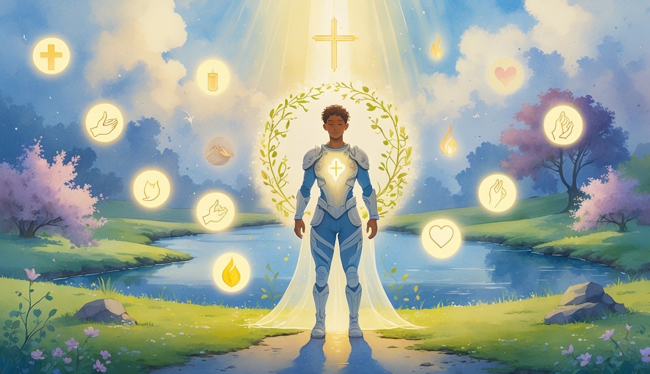 A person surrounded by glowing symbols of faith and protection stands in a peaceful natural setting with a river, flowers, and a bright sky.