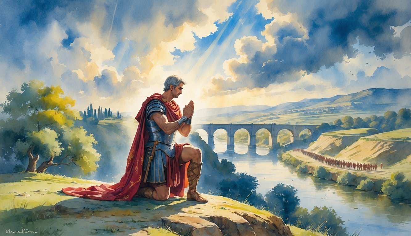 A man in Roman armor kneeling in prayer on a hilltop with a bridge and soldiers in the background.