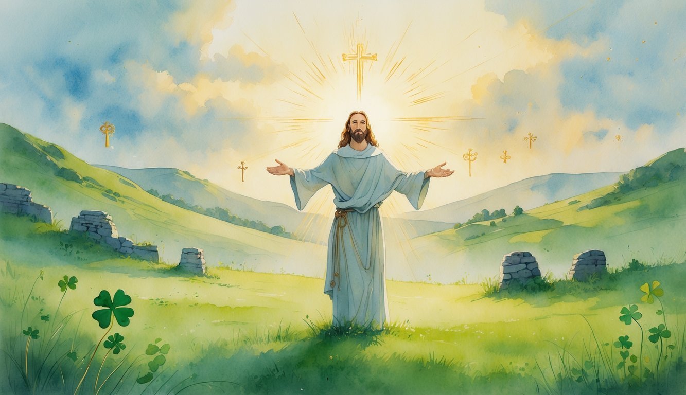 A peaceful figure standing in a green meadow with ancient stone ruins and soft light shining around, surrounded by gentle natural elements like shamrocks and crosses.