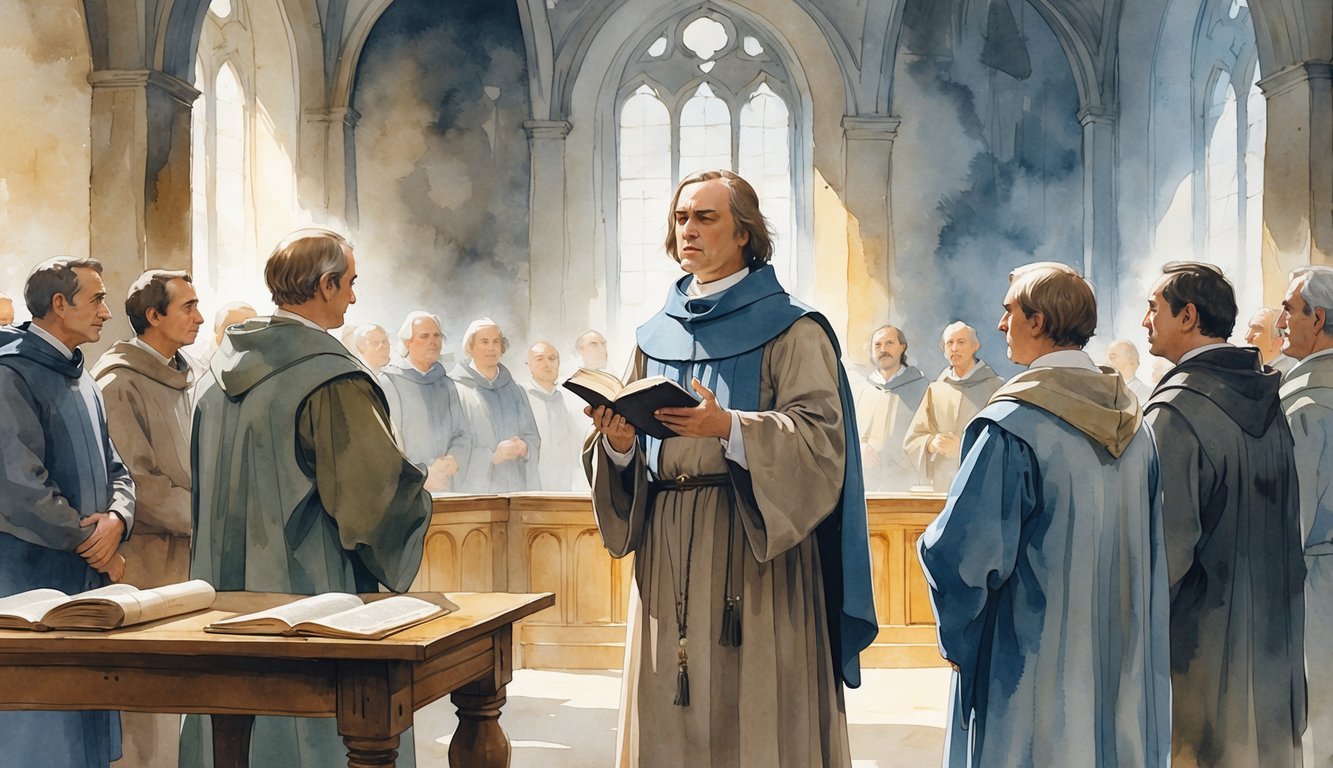 Martin Luther standing and praying in a grand hall at the Diet of Worms, surrounded by attentive people in period clothing.