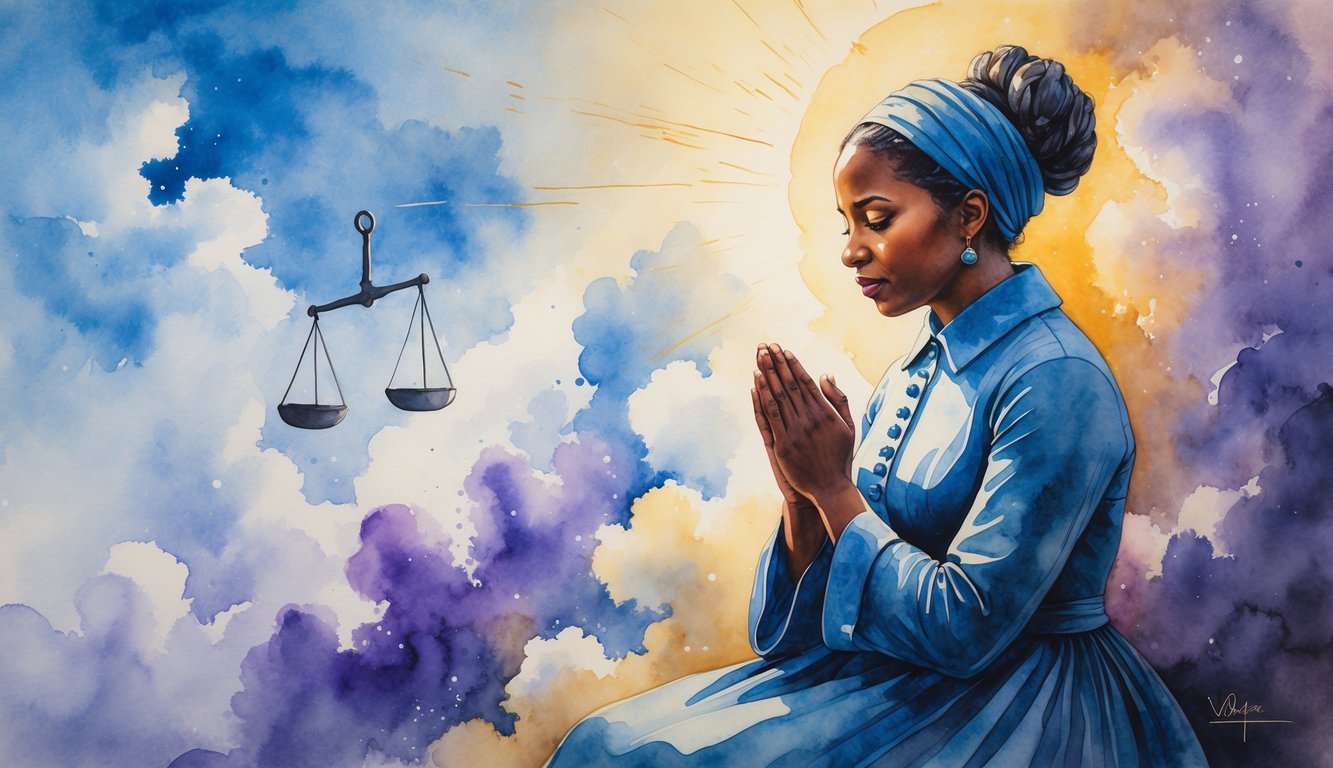 An African American woman from the 19th century praying with clasped hands, surrounded by soft light and symbols of justice.
